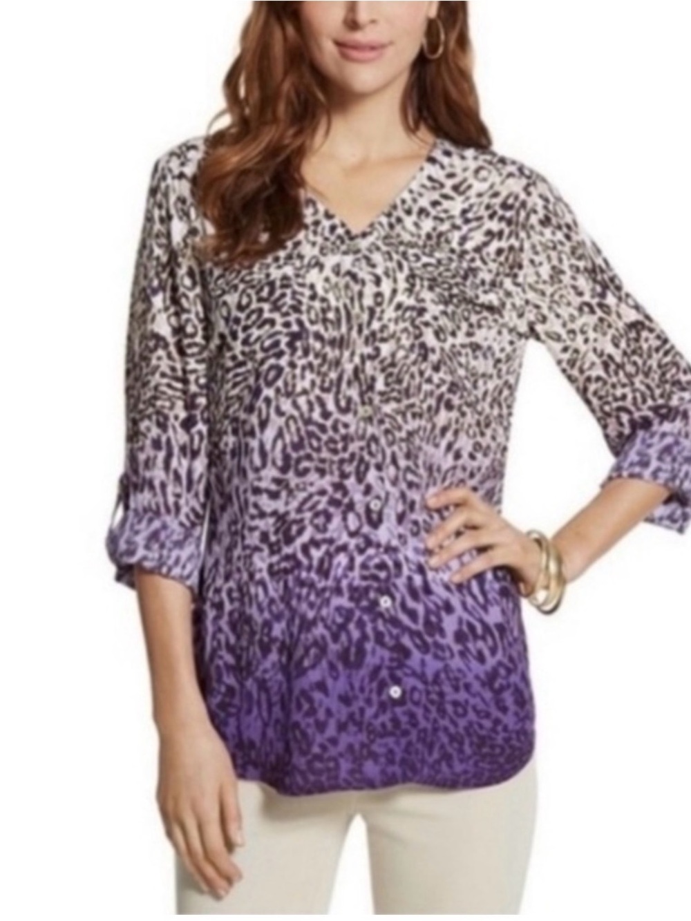 Chico's Purple Leopard Print Ombre Tunic Blouse Top Chicos size 2 Large
